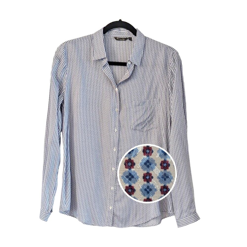 Massimo Dutti Silk Blend Button Front Blouse US 8 Blue Geometric Portugal